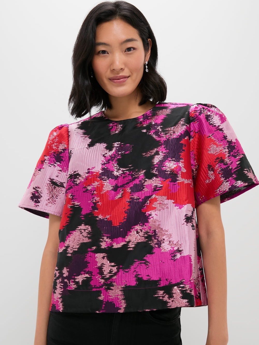Tuckernuck Pomander Place Lyla Jacquard Puff Sleeve Blouse Pink Red Lurex S